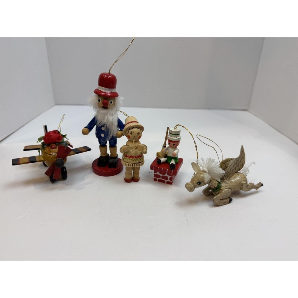 VTG Wooden Christmas Ornament Lot Pegasus Airplane Nutcracker Chimney Boy 5pc